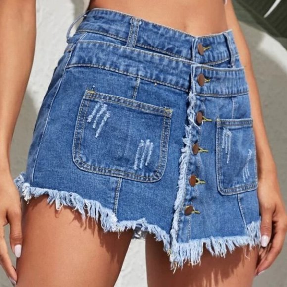 Pants - Distressed Frayed Denim Button Skorts